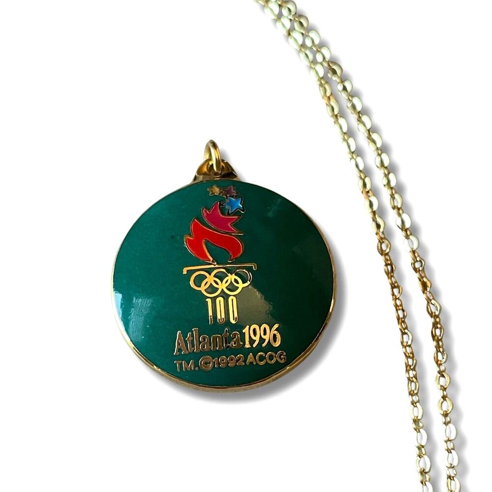 Vintage 1996 Atlanta Olympics 100th Anniversary Green Medal Pendant Necklace